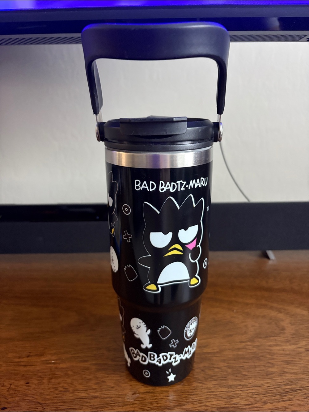 Sanrio Bad Badtz-Maru Black Travel Tumbler with Yellow & Pink Accents